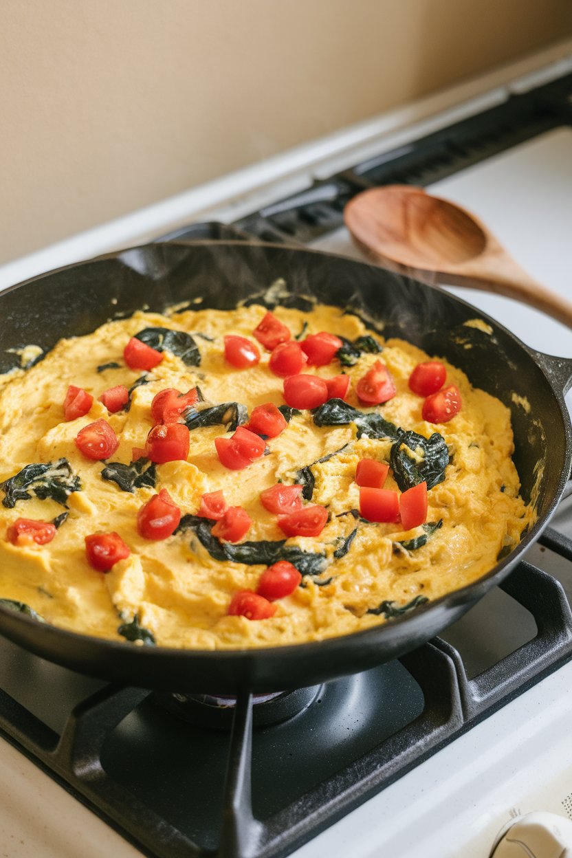 Photo of a skillet on an indoor stovetop filled with a creamy yellow silken tofu scramble dotted with spinach and diced tomatoes. No text or logos. Photo, not illustration.