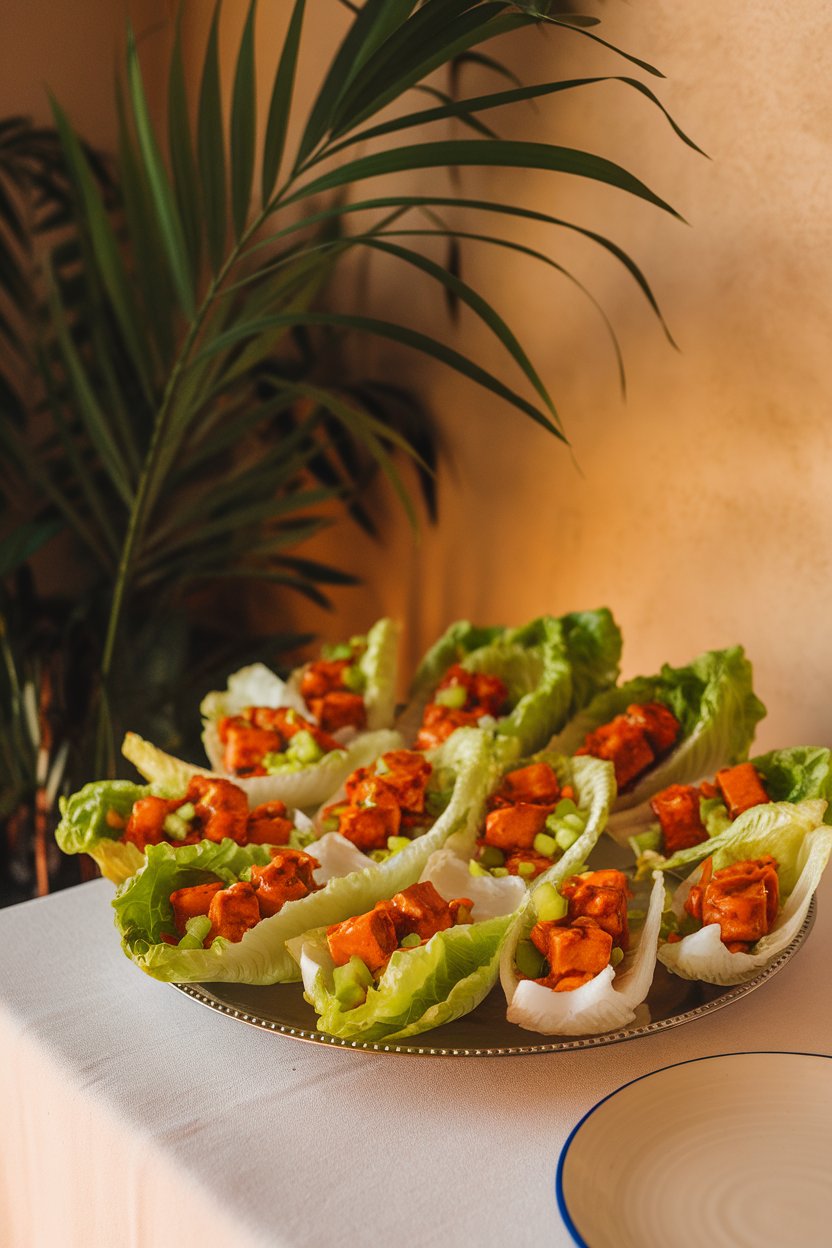 Indoor serving platter with crisp iceberg boats loaded with buffalo-sauced tofu bites and diced celery. No branding. Photo.