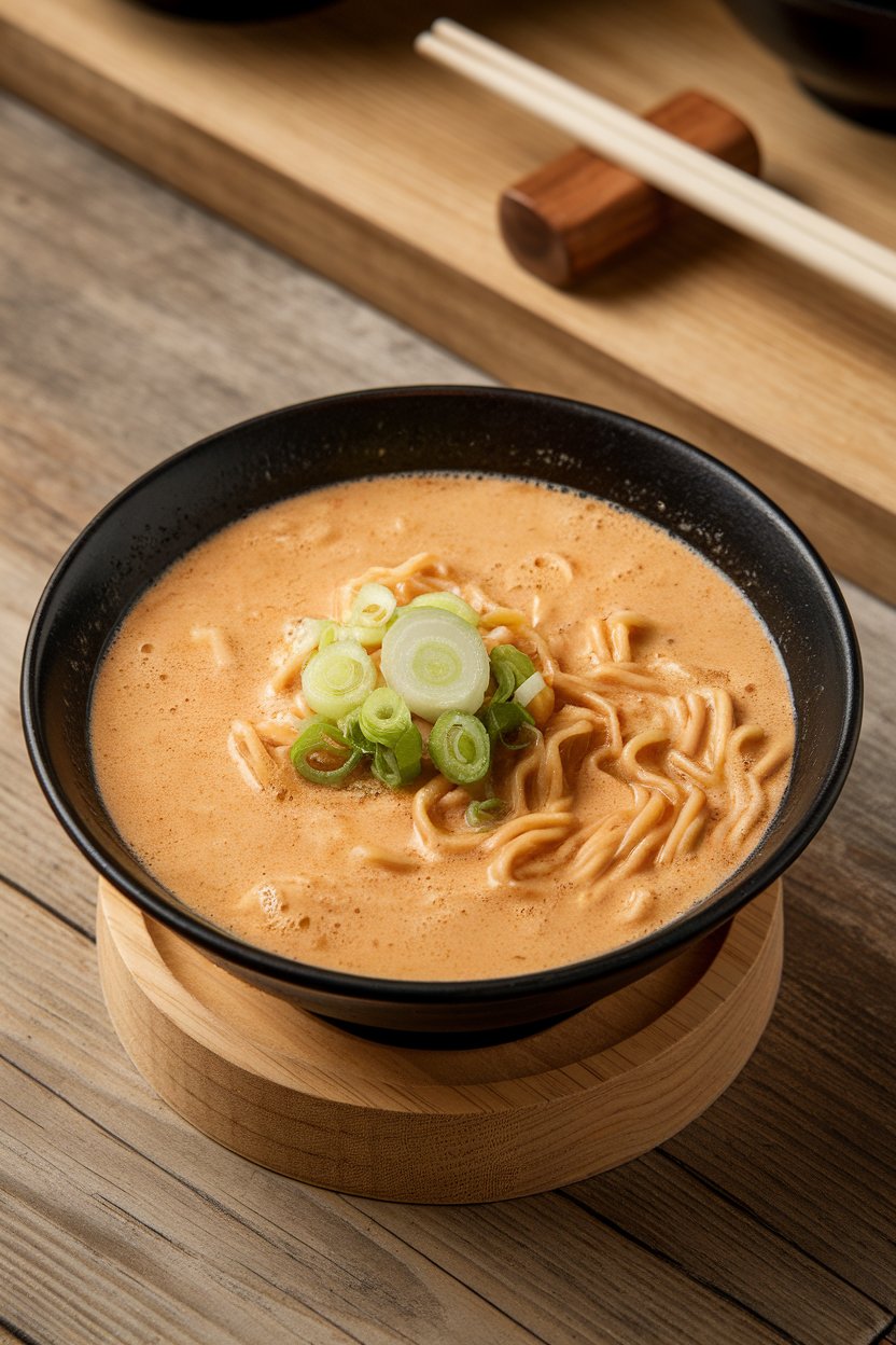 Photo of an indoor ramen bowl with creamy tan broth, noodles peeking, and sliced scallions. No text or logos. Photo, not illustration.
