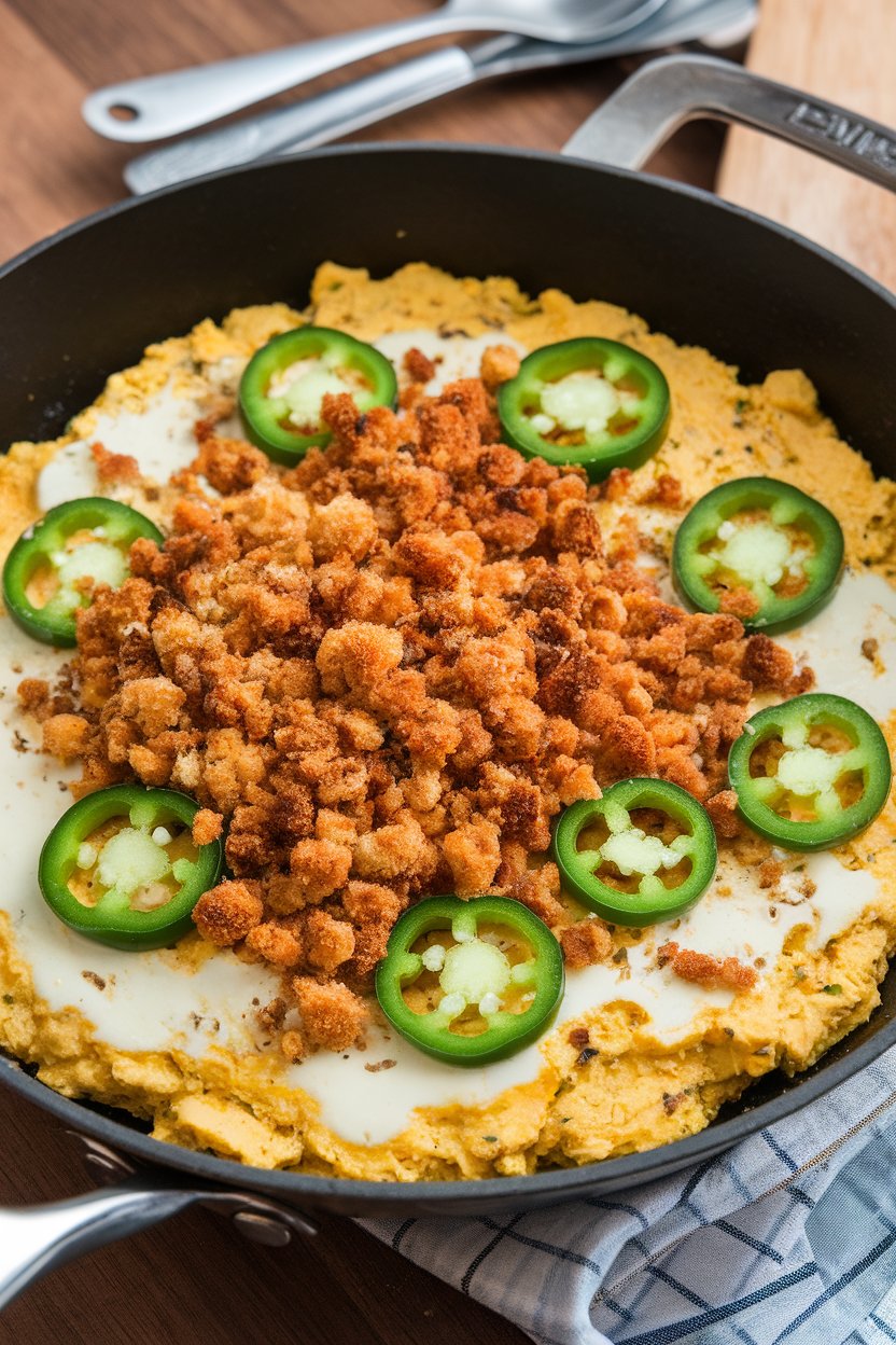 Indoor skillet of tofu scramble dotted with jalapeño slices and melted vegan cream cheese, topped with toasted breadcrumbs. Photo, no logos or text.