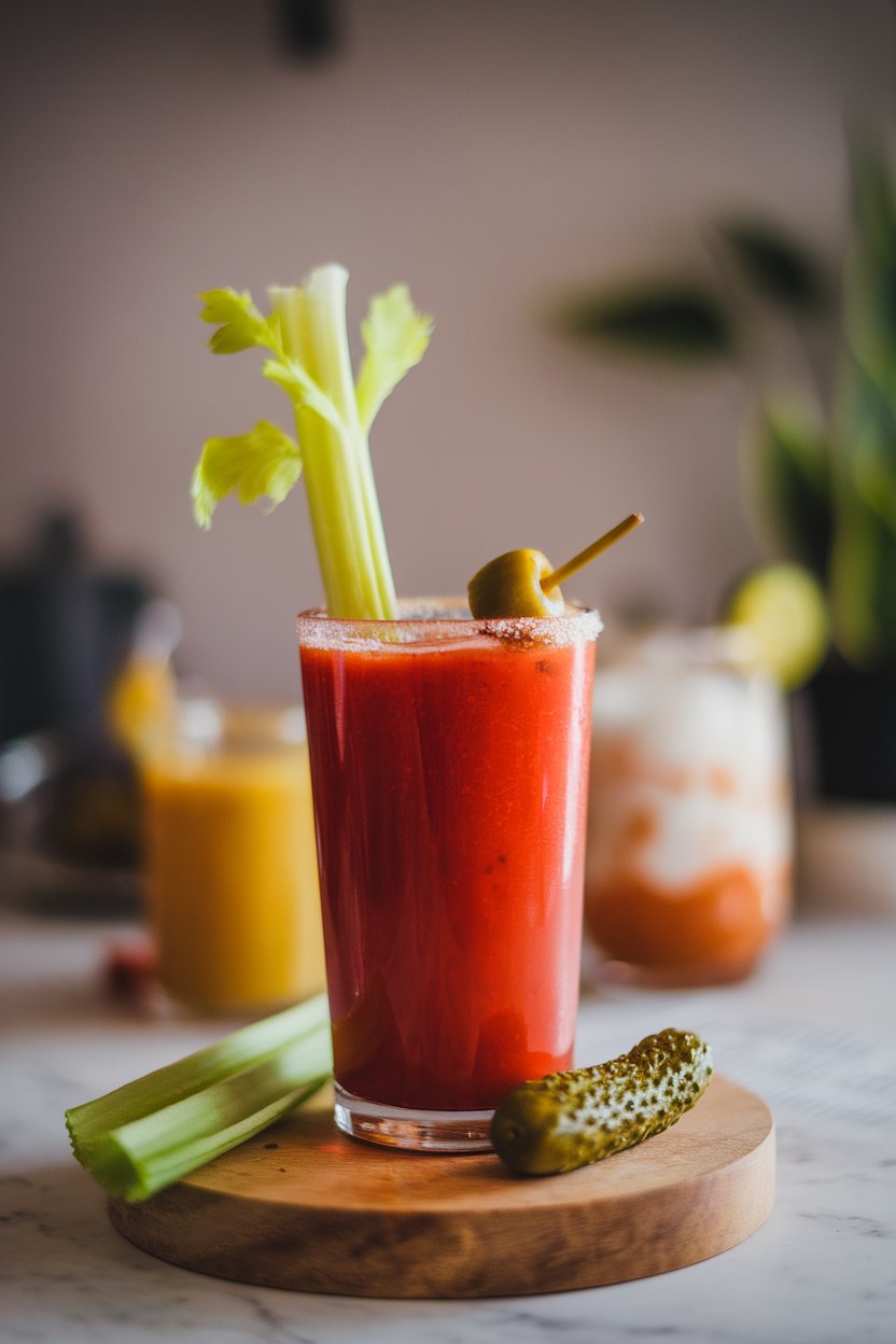 Indoor photo of a tall glass filled with classic red bloody mary mocktail, celery stalk, olive and pickle garnish, no logos.