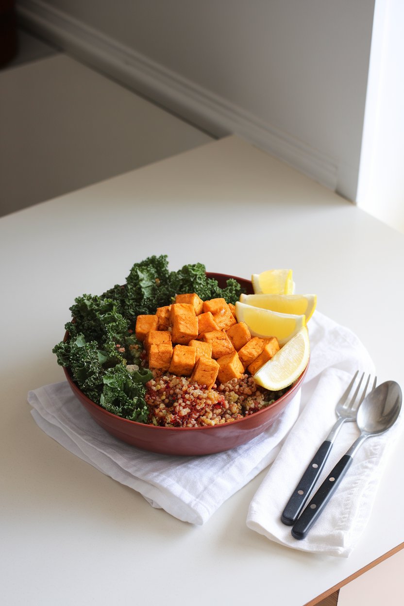 A brightly lit indoor counter with a deep bowl of massaged kale, red quinoa, turmeric-marinated tofu cubes, and lemon wedges. No text or logos; photo.
