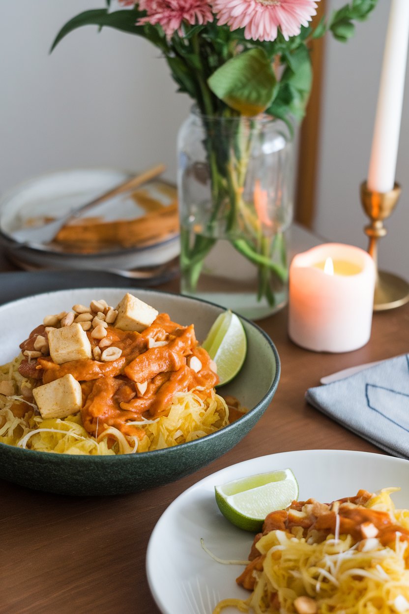 Indoor dining table with spaghetti squash strands tossed in pad Thai sauce, tofu cubes, peanuts, and lime wedges. Photo only.