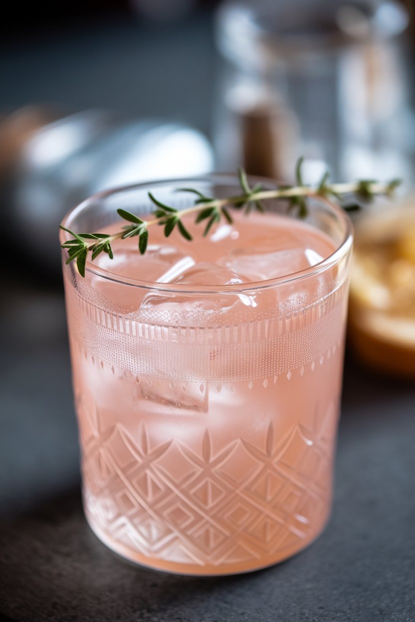 Indoor photo of an etched glass with pale pink grapefruit thyme tonic, a thyme sprig resting across rim, small ice cubes glistening. No text or logos.