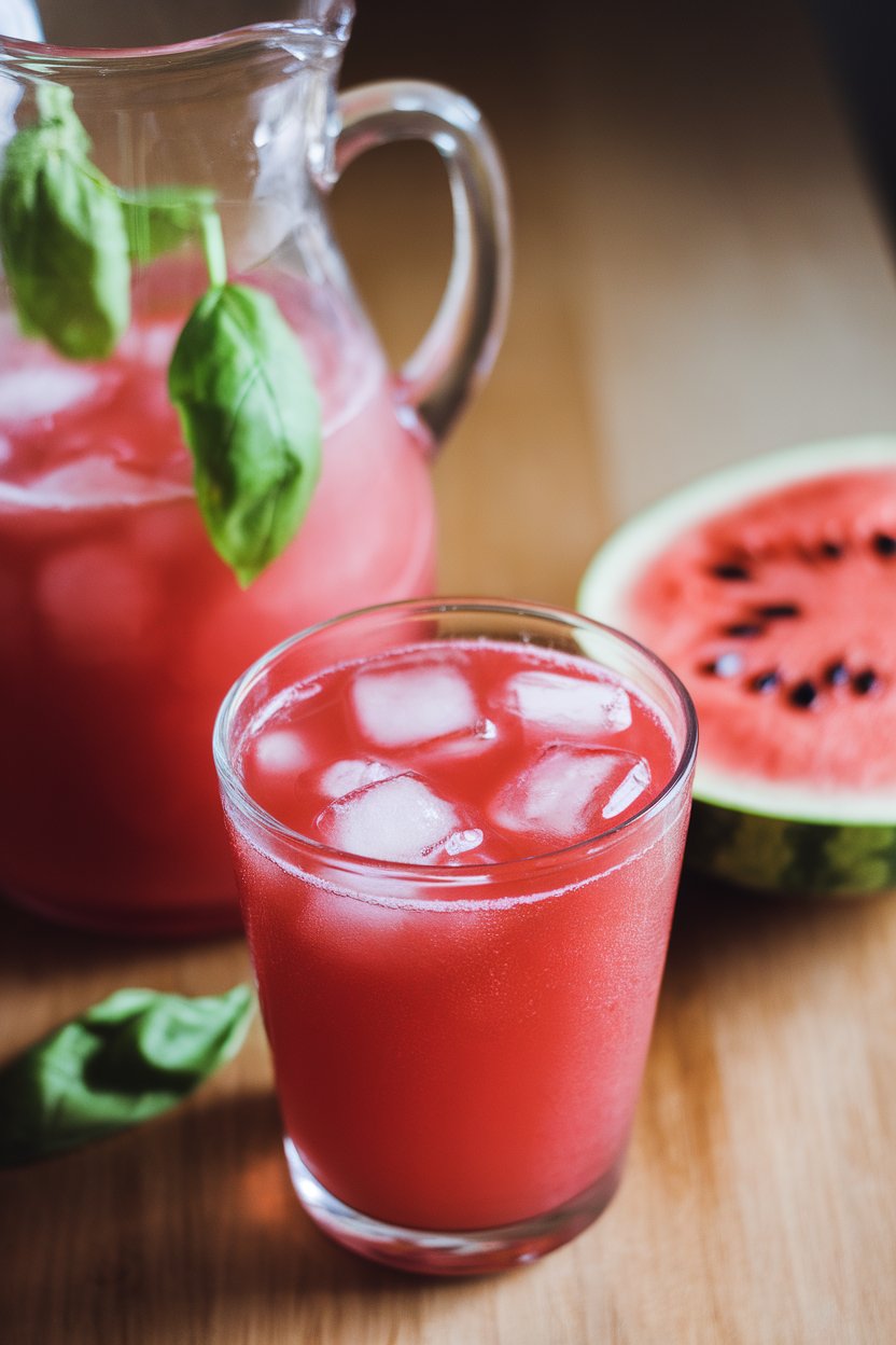 Indoor photo of a pitcher and glass of bright pink watermelon agua fresca, basil leaves inside, ice cubes floating. No text or logos.