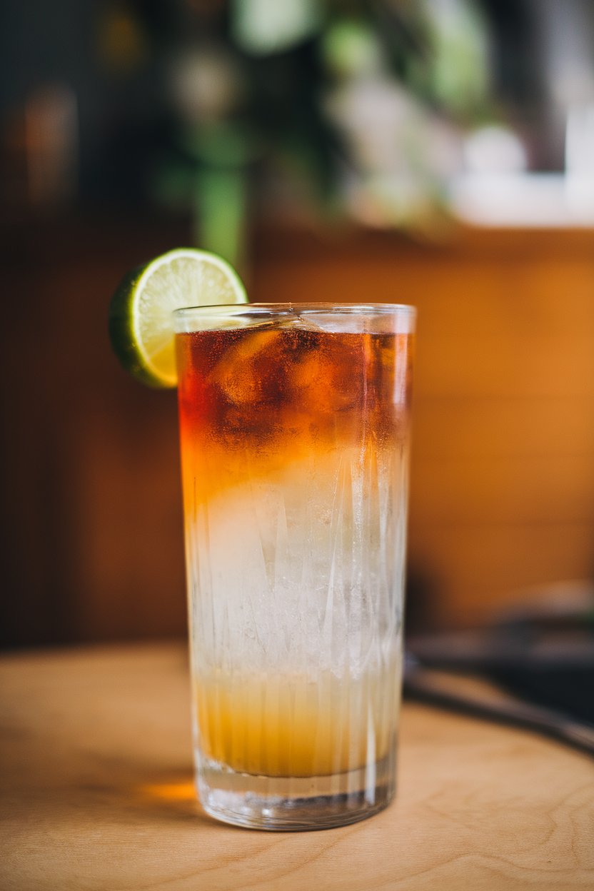 Indoor photo of a highball showing gradient dark-amber top fading to pale ginger ale base, lime wedge on rim, crushed ice. No text or logos.