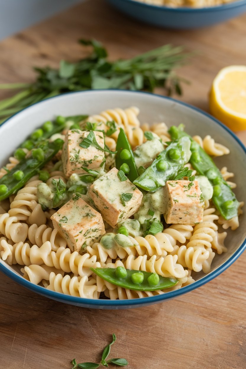 Indoor picnic-style bowl of fusilli, herb-dressed tofu cubes, snap peas, and creamy green goddess sauce. No text or logos; photo.