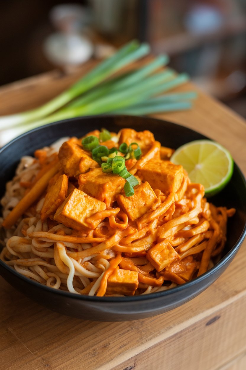 Indoor bowl of rice noodles tangled with tofu and vegetables in a red curry coating. No text or logos.