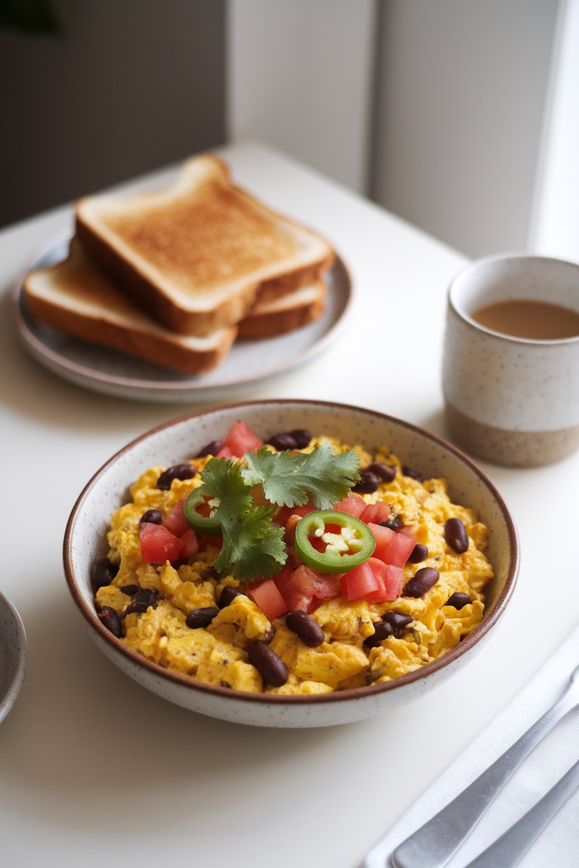 Indoor breakfast table showing a bowl of tofu scramble dotted with black beans, diced tomatoes, and jalapeño slices, garnished with cilantro. Photo, softly lit, no logos or text.