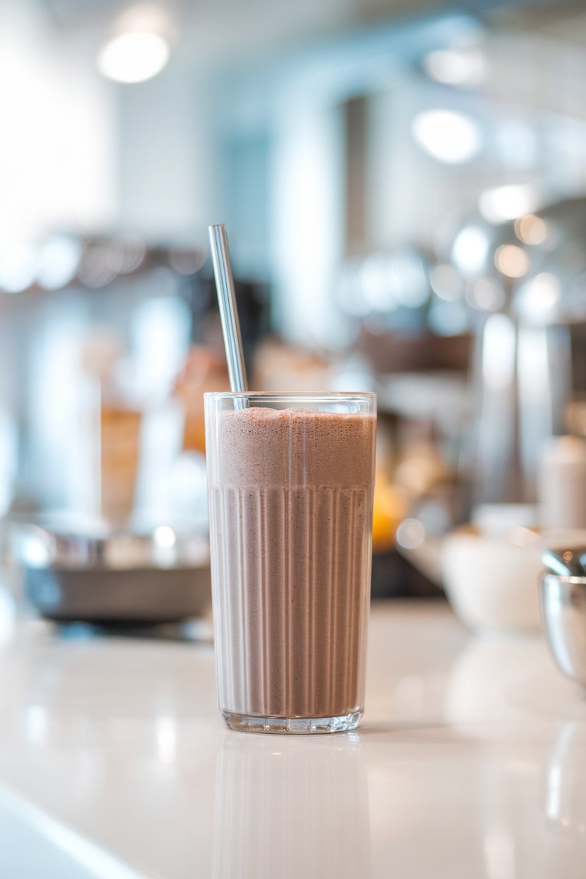 Indoor breakfast bar featuring a tall smoothie glass filled with a dark chocolate-cherry shake, no labels on glassware. Photo.