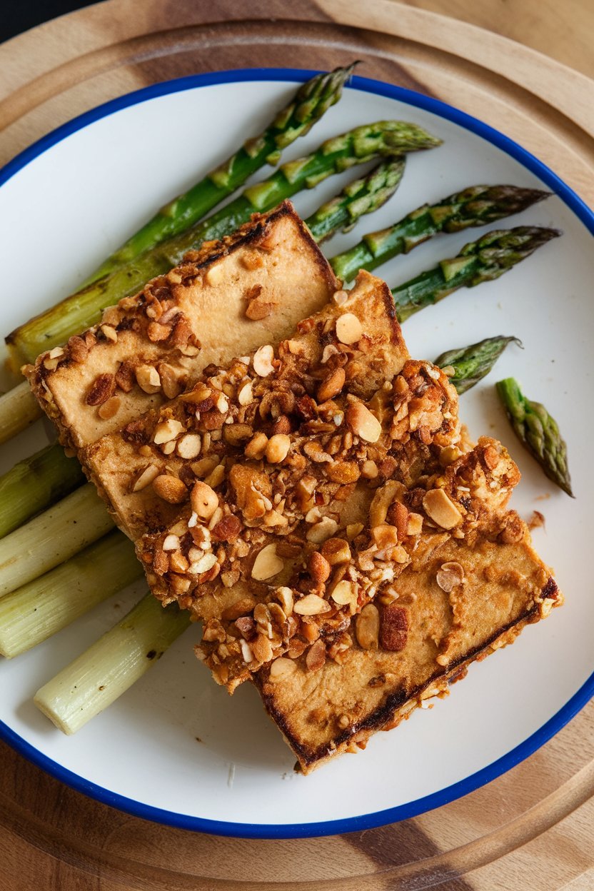 Indoor dinner plate featuring thick tofu “steaks” coated in crushed almonds, served with roasted asparagus. No logos. Photo.
