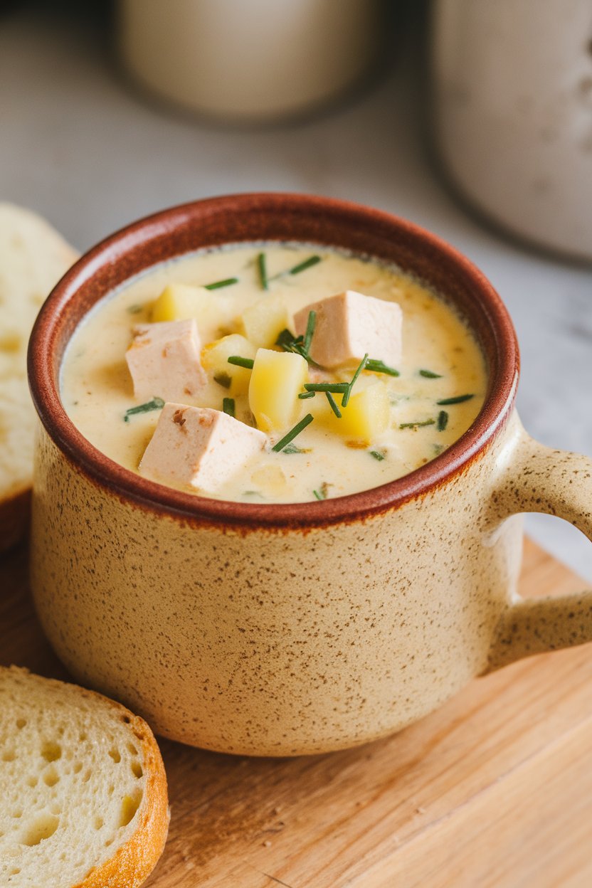 A ceramic soup mug indoors filled with creamy corn chowder featuring tofu cubes, diced potatoes, and chives. Photo, no branding.