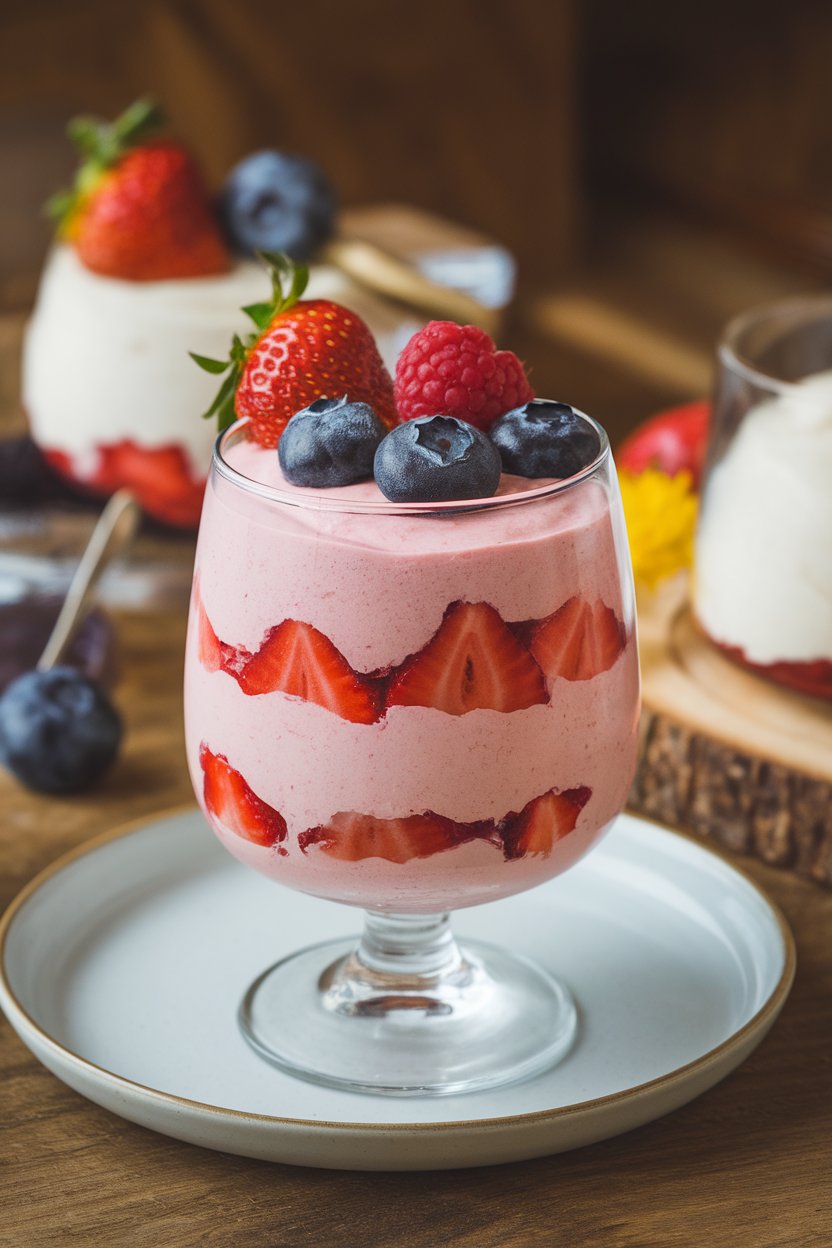 Photo of an indoor dessert glass layered with pink strawberry mousse and fresh berries on top. No text or logos. Photo, not illustration.