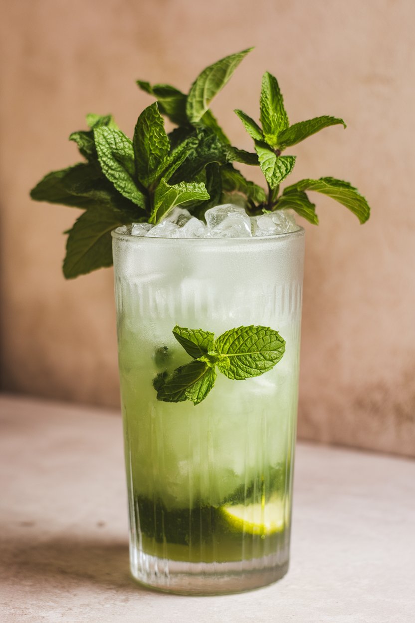 Indoor photo of a tall frosted glass packed with crushed ice, bright green mint limeade, fresh mint bouquet on top. No text or logos.