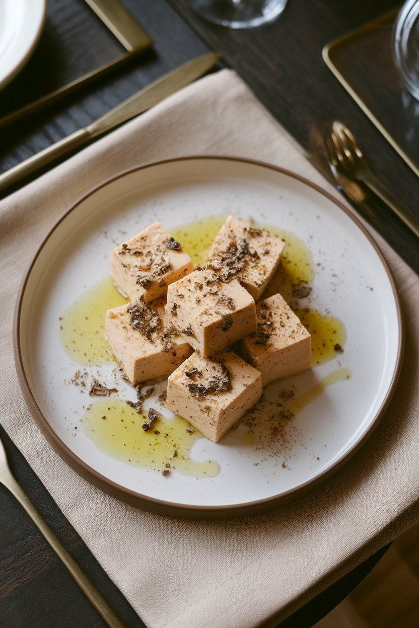 Indoor upscale dining table with tofu cubes lightly drizzled in truffle oil and dusted with cracked black pepper, minimalist plating. No text or logos; photo.