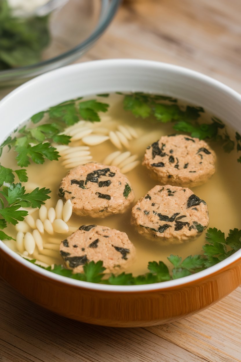 Indoor bowl of clear broth with small tofu-spinach meatballs, orzo pasta, and parsley. Photo only.