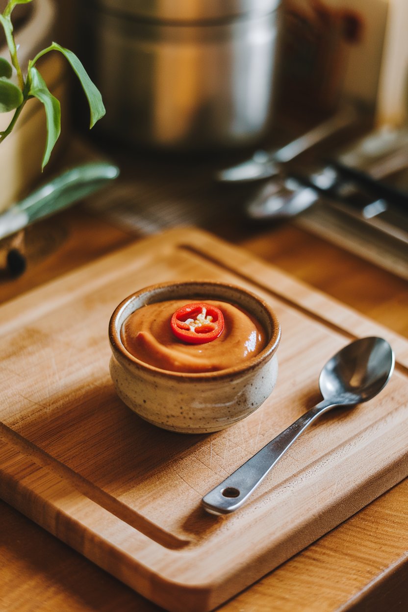 A kitchen table scene with a small ceramic bowl of thick, glossy peanut sauce topped with a red chili slice. Photo, not illustration. No text or logos.