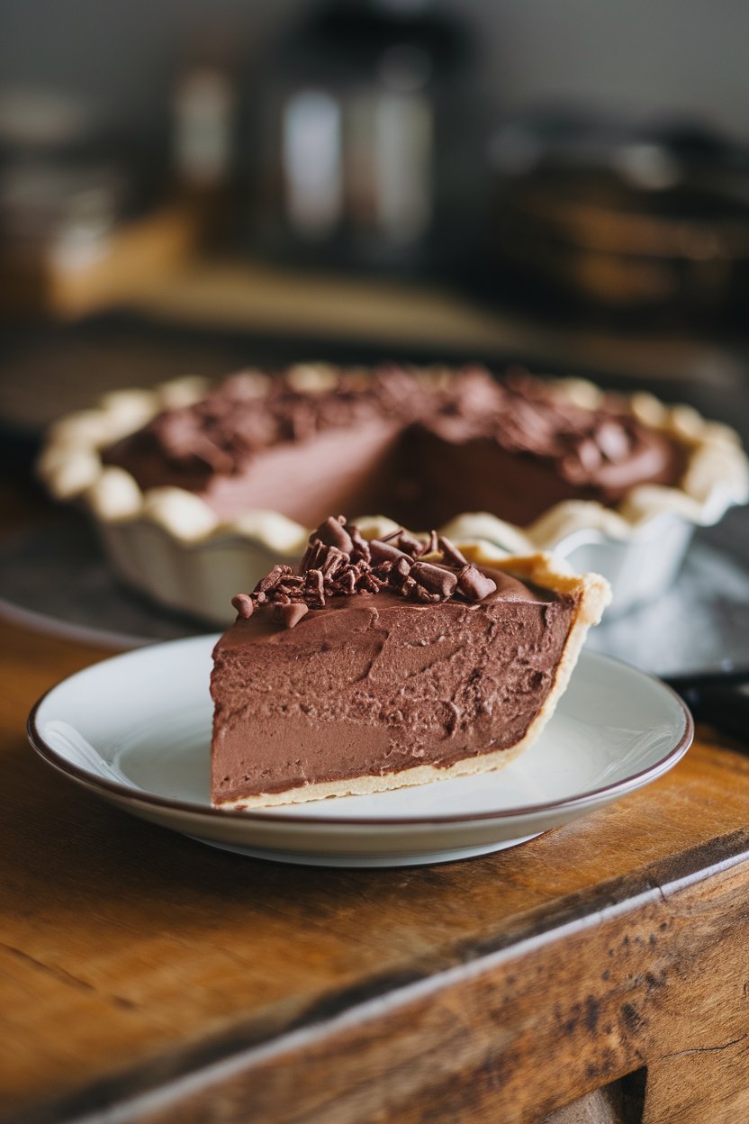 Photo of an indoor pie dish with a slice of dark chocolate mousse pie, chocolate shavings on top. No text or logos. Photo, not illustration.