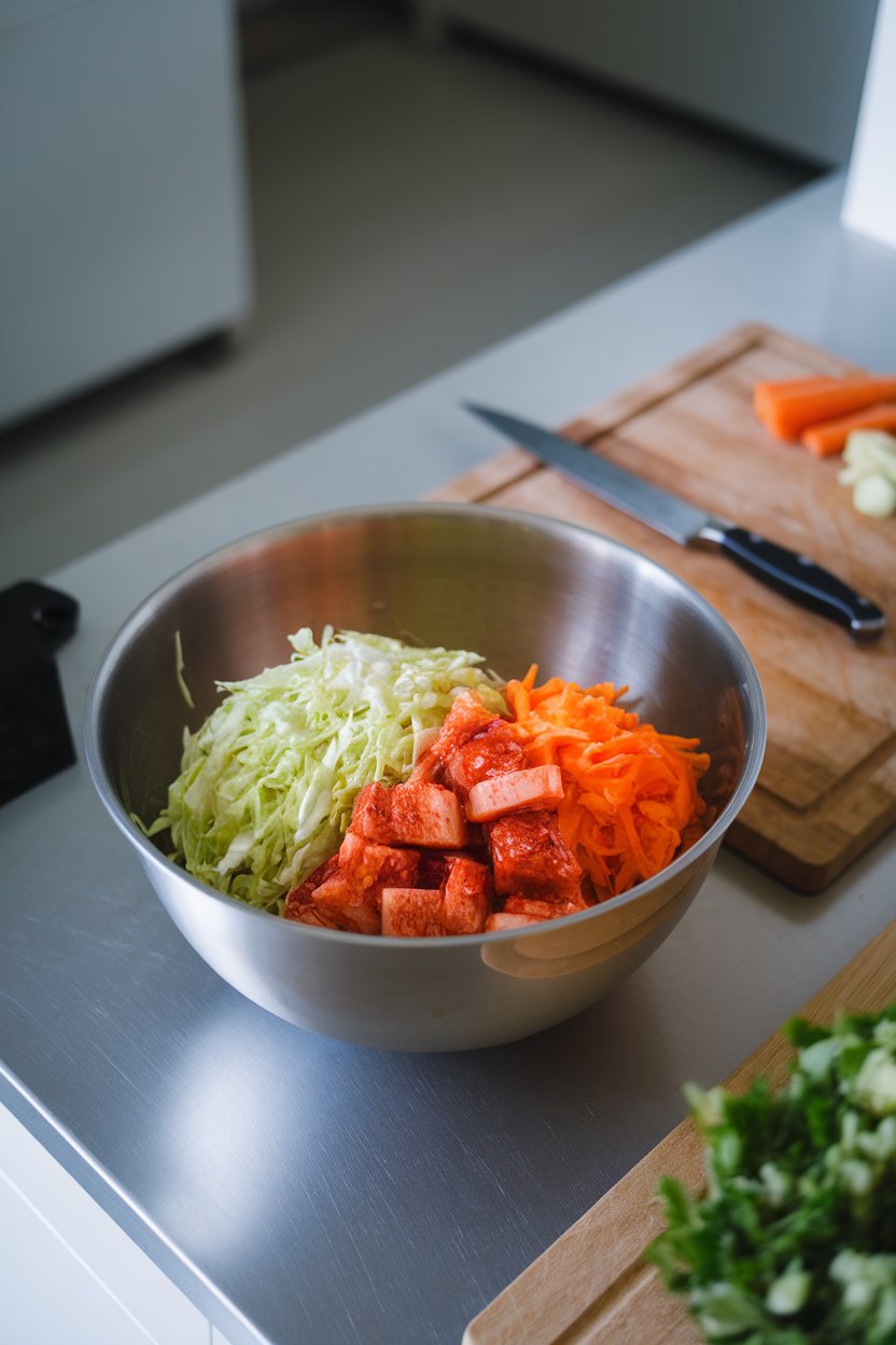 A mixing bowl on an indoor counter combining shredded green cabbage with diced kimchi and carrot. Photo, not illustration. No text or logos.