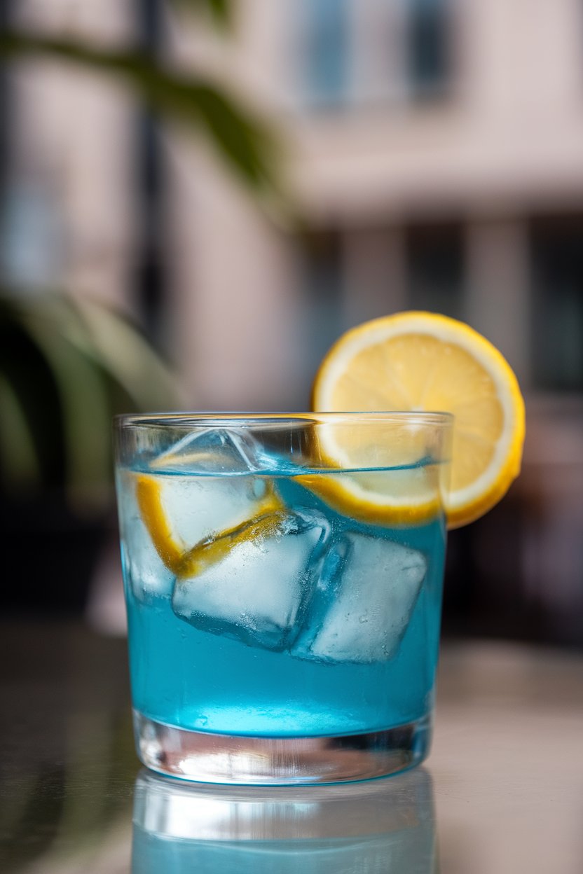 Indoor photo of an old-fashioned glass with bright azure mocktail, lemon wheel floating, ice cubes reflecting blue hue. No text or logos.