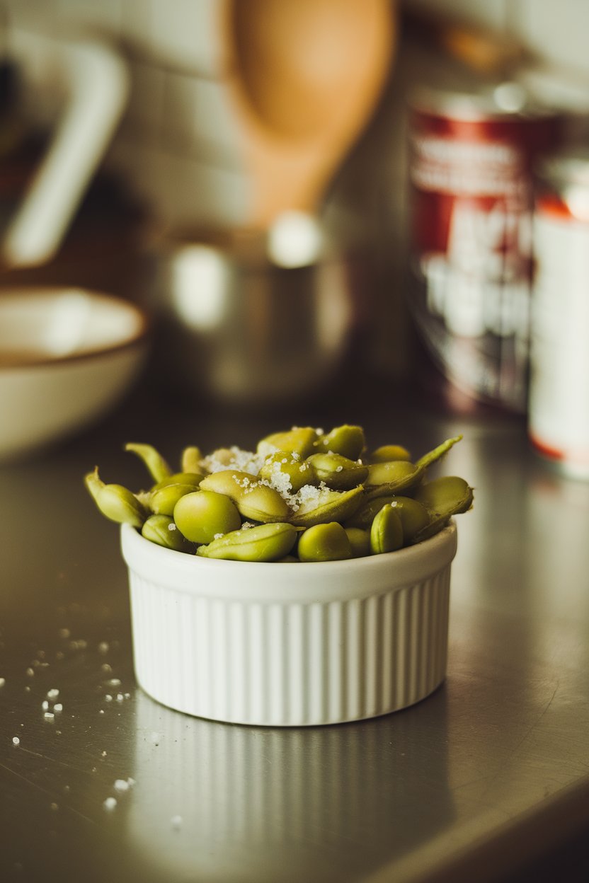 A kitchen counter shot of shelled edamame scattered across a white ramekin, a light salt dusting visible. Photo, not illustration. No text or logos.