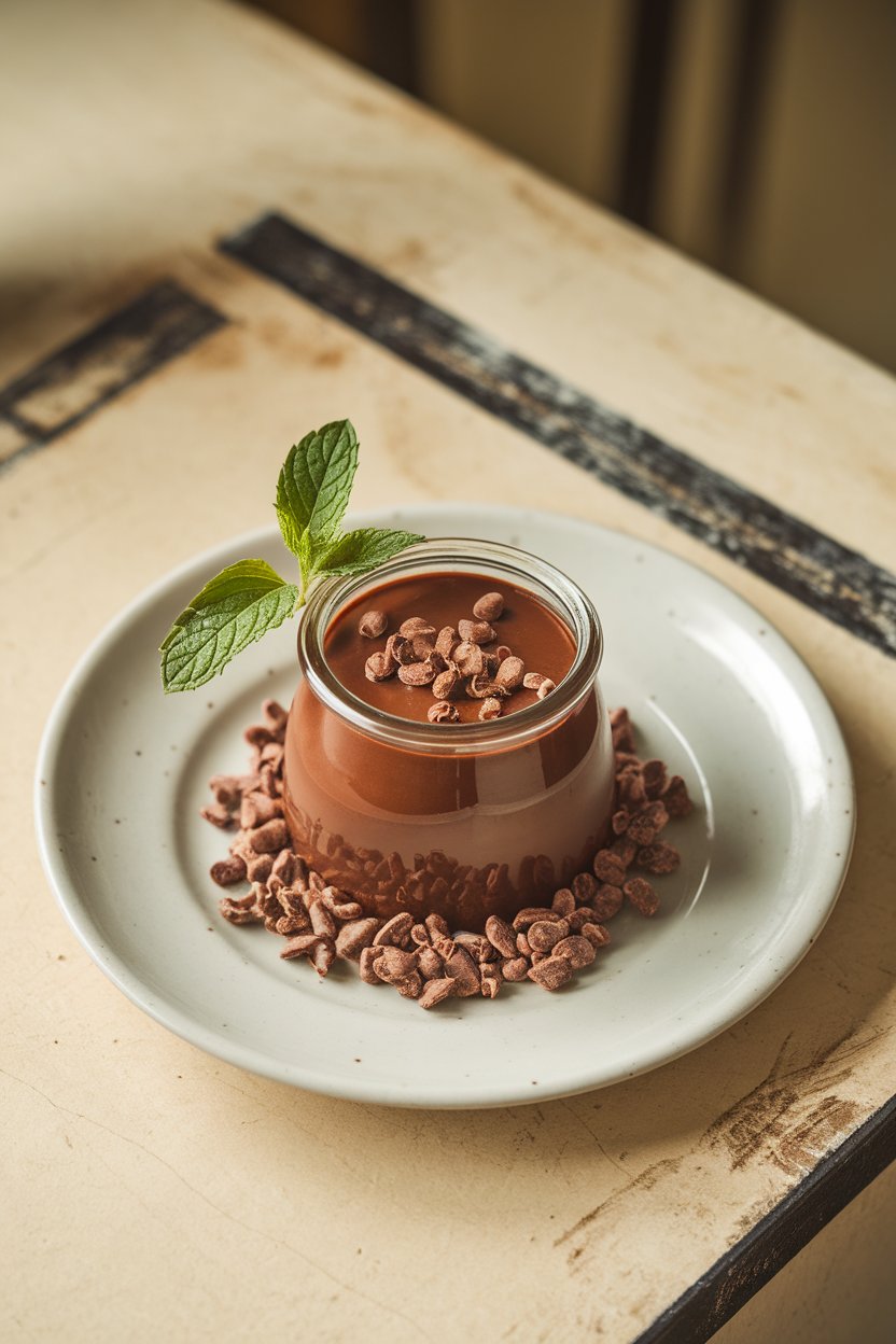 Photo of an indoor dessert plate with a small glass jar of glossy chocolate pudding garnished with cocoa nibs. No text or logos. Photo, not illustration.