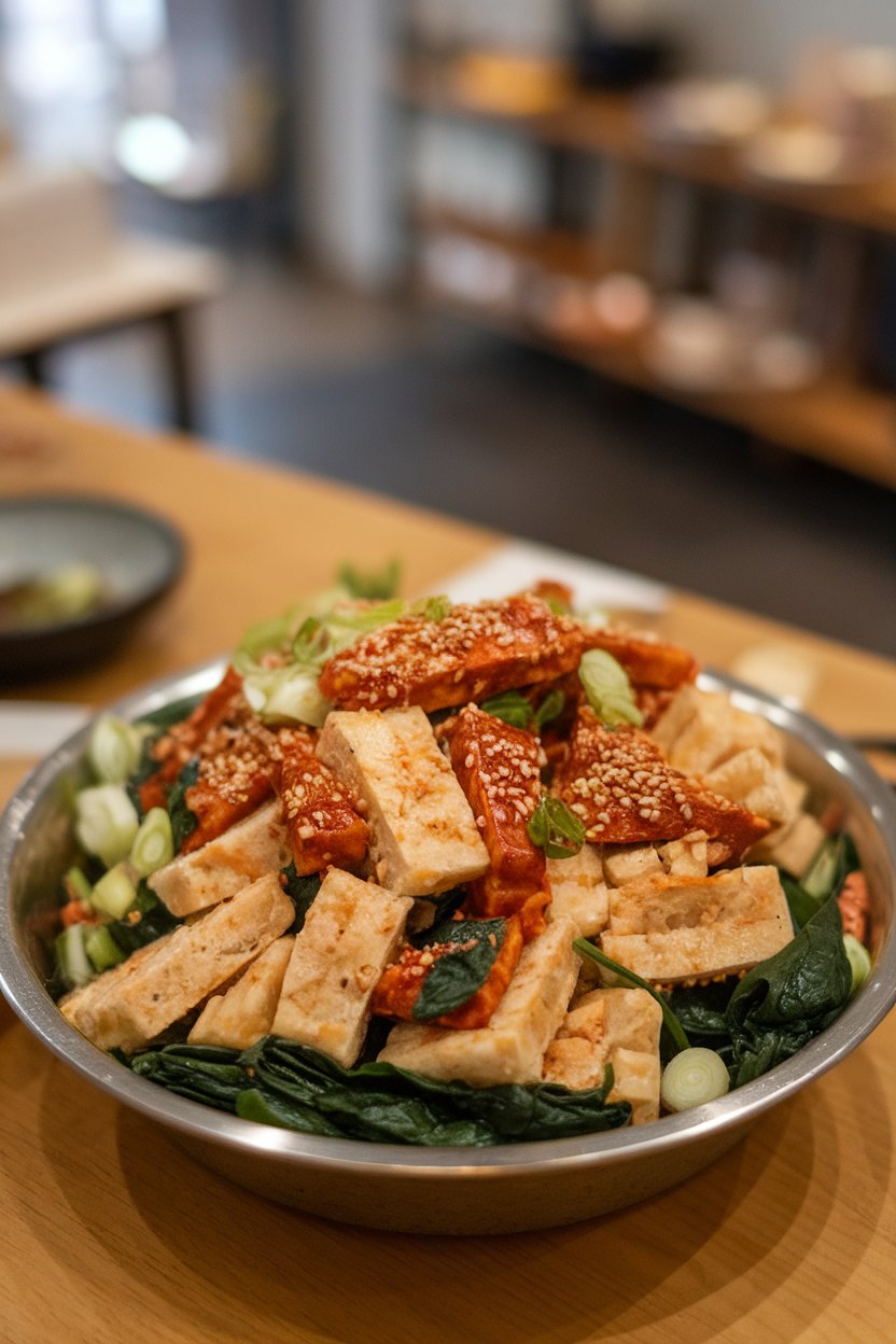Indoor shallow dish of sliced crispy rice cakes, gochujang-coated tofu triangles, spinach, and scallions with sesame sprinkle. No text or logos; photo.