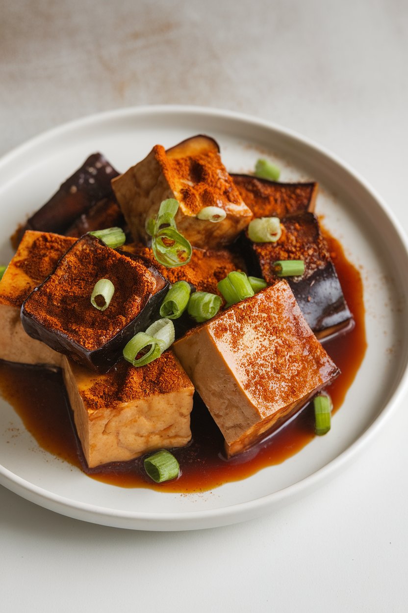 Photo of tofu and eggplant in a rich soy glaze, dusted with Chinese five-spice powder, shot indoors. No text or logos.