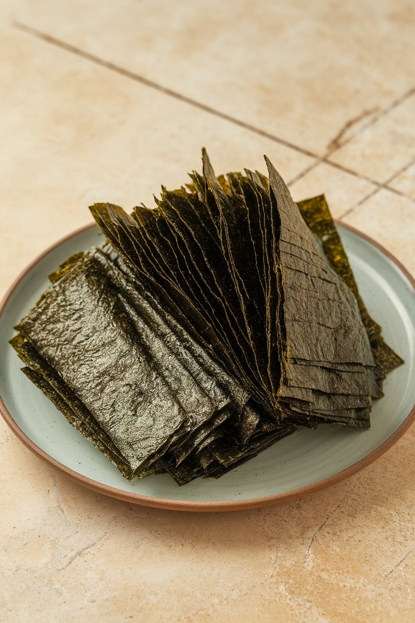 An indoor plate holding thin, dark-green nori strips lightly curled from toasting. Photo, not illustration. No text or logos.