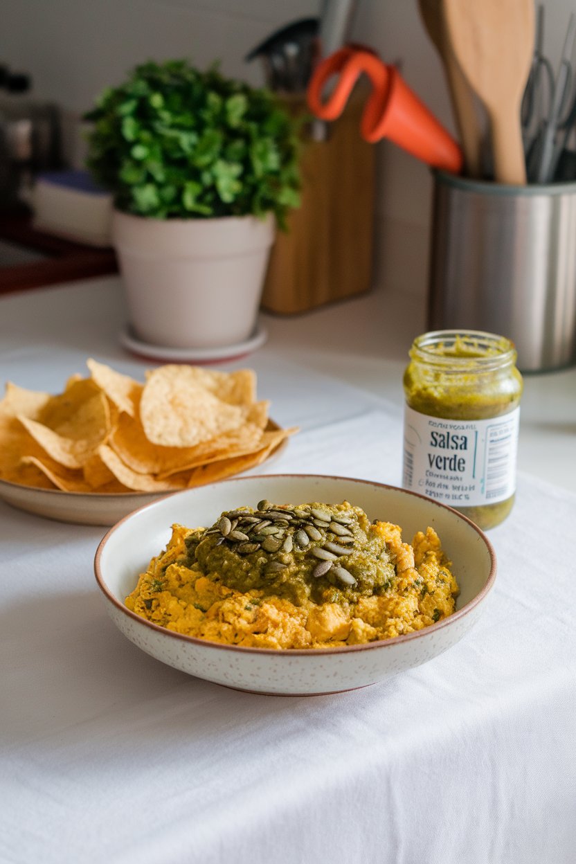 Indoor kitchen table showing a bowl of tofu scramble coated in green salsa verde and sprinkled with toasted pumpkin seeds. Photo, no logos or text.