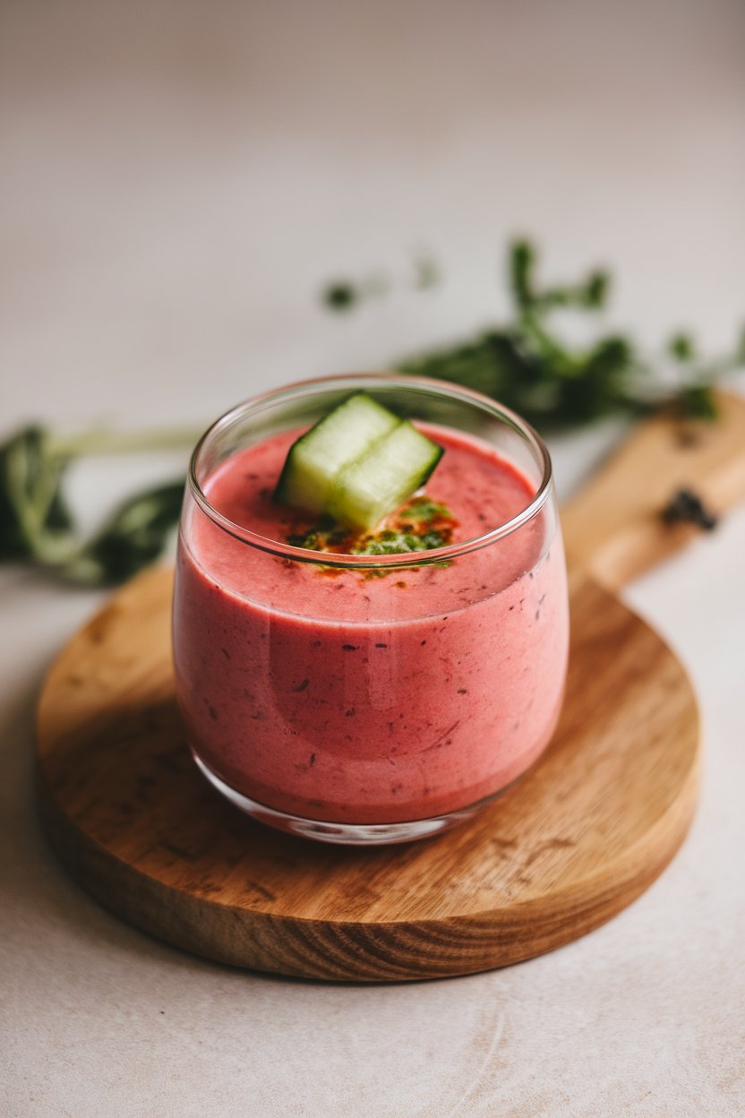 Photo of an indoor glass of pink gazpacho with cucumber dice on top. No text or logos. Photo, not illustration.