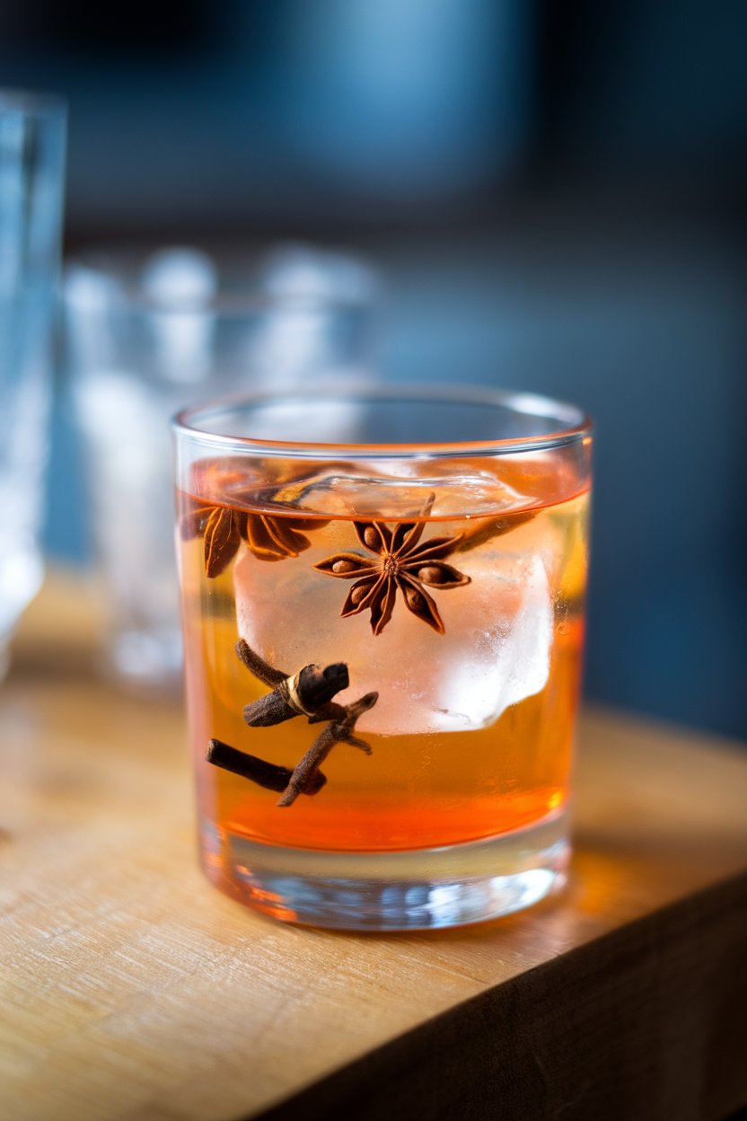 Indoor photo of a rocks glass with bright orange tonic, star anise and clove floating, large clear ice cube. No text or logos.