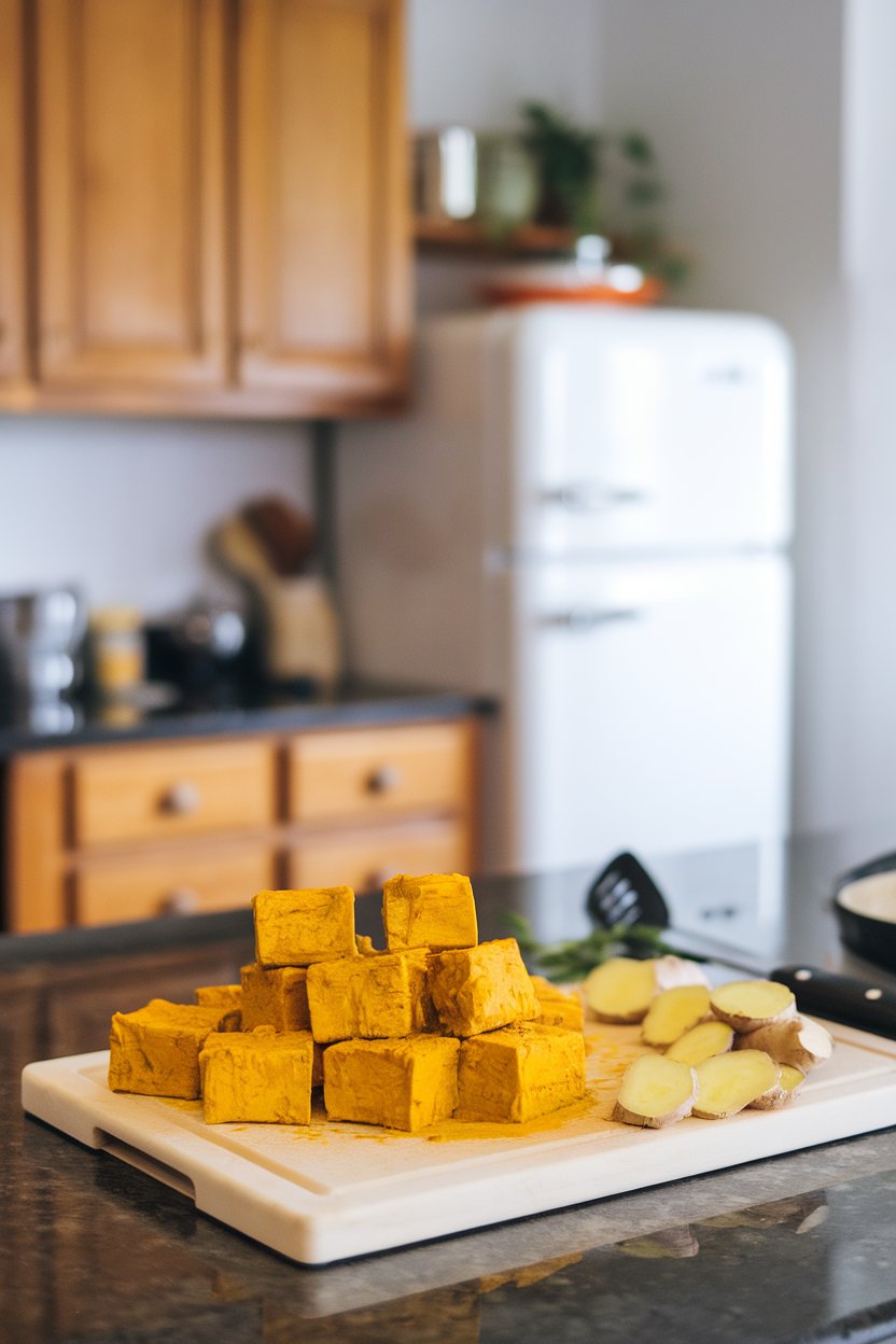 Indoor wellness kitchen with yellow turmeric-coated tofu cubes, ginger slices on cutting board. No text or logos; photo.