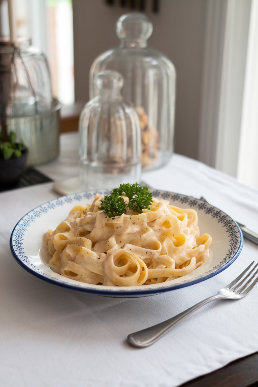 Photo of an indoor dining table displaying a plate of fettuccine coated in creamy white Alfredo sauce, parsley sprinkled on top. No text or logos. Photo, not illustration.
