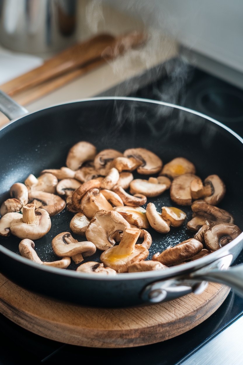 An indoor sauté pan filled with sliced shiitake mushrooms glistening in soy butter, steam lifting upward. Photo, not illustration. No text or logos.