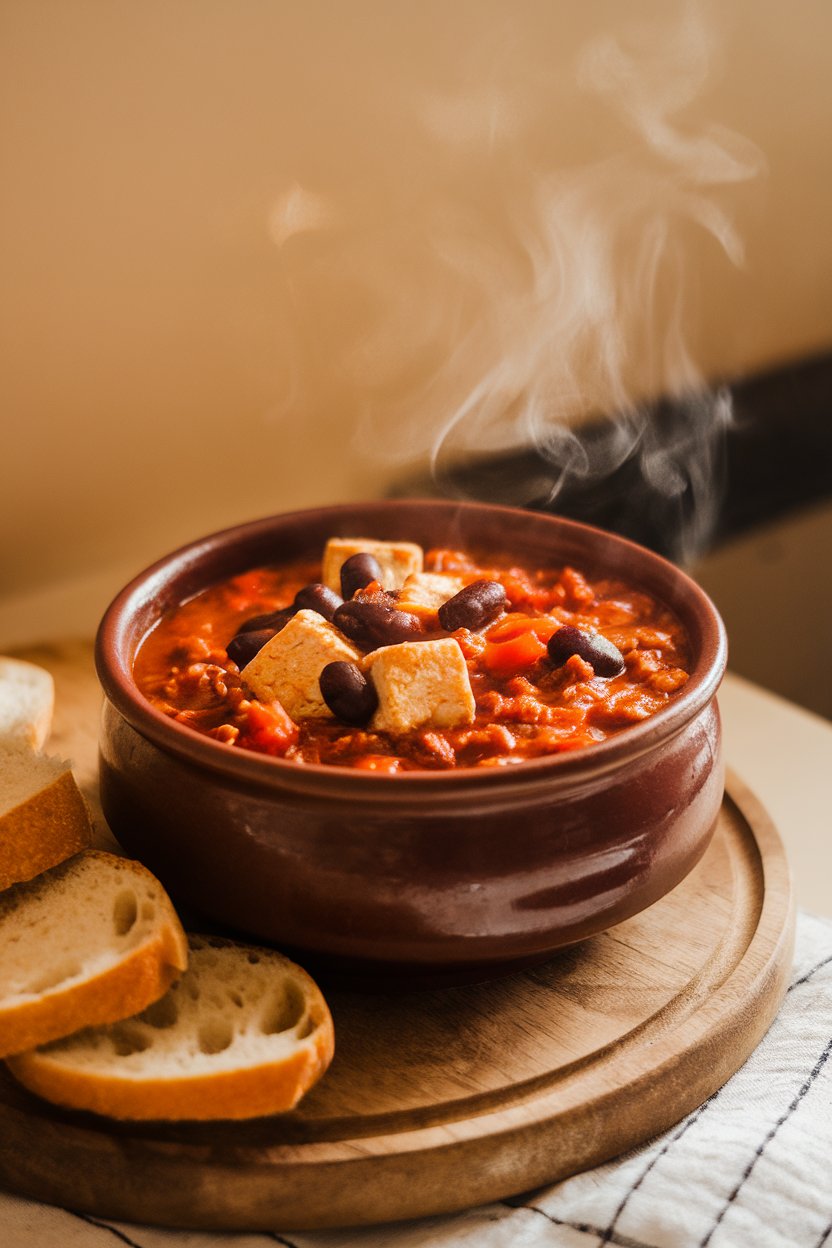 A steaming ceramic bowl indoors filled with thick chili containing tofu crumbles, black beans, and diced tomatoes. No logos. Photo.
