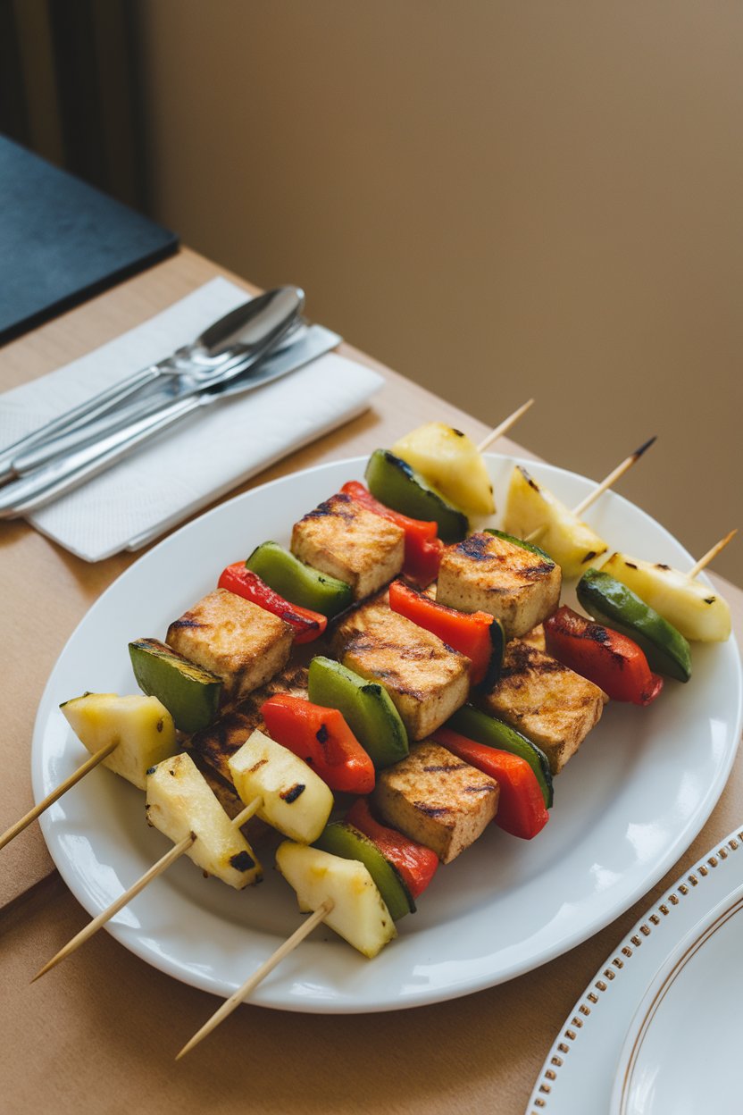 Indoor dining table with skewers of grilled coconut-lime tofu, pineapple chunks, and bell peppers resting on a white platter. No branding or text. Photo.