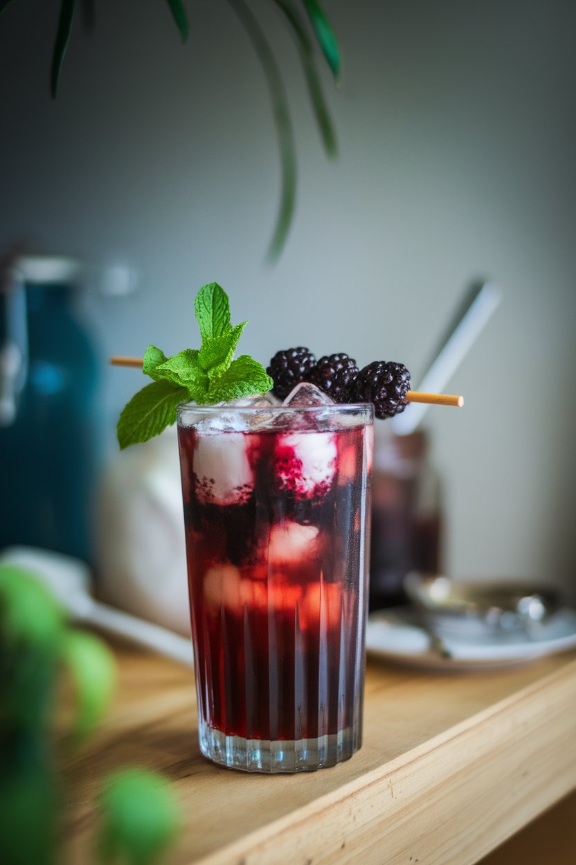 Indoor photo of a tall glass filled with dark berry iced tea, mint leaf tucked among ice, blackberry skewer on top. No text or logos.