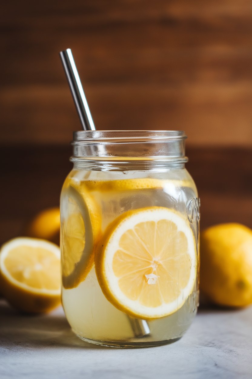 Indoor photo of a clear jar glass containing cloudy lemon-ginger switchel, thin lemon wheels, stainless straw. No text or logos.