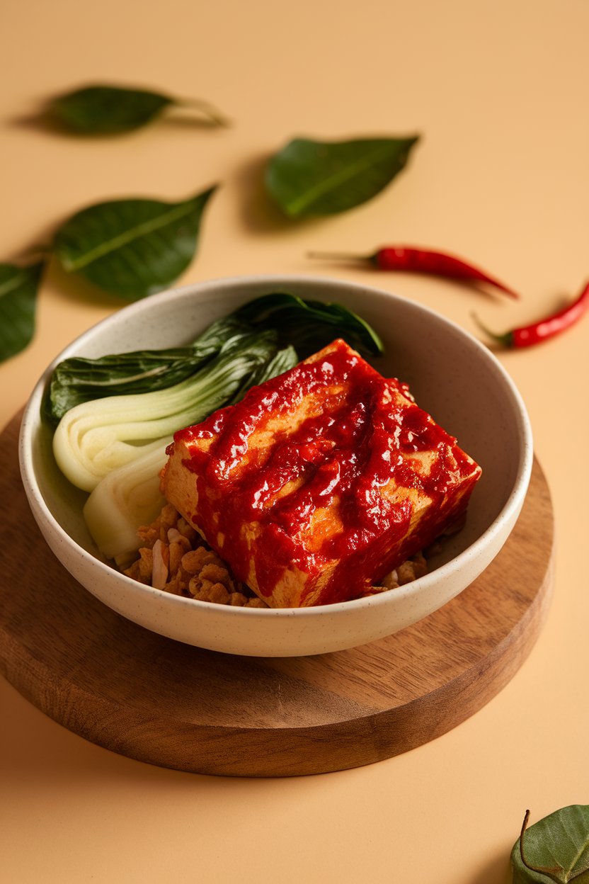 Photo of tofu coated in red char siu glaze alongside baby bok choy in a white bowl indoors. No text or logos.