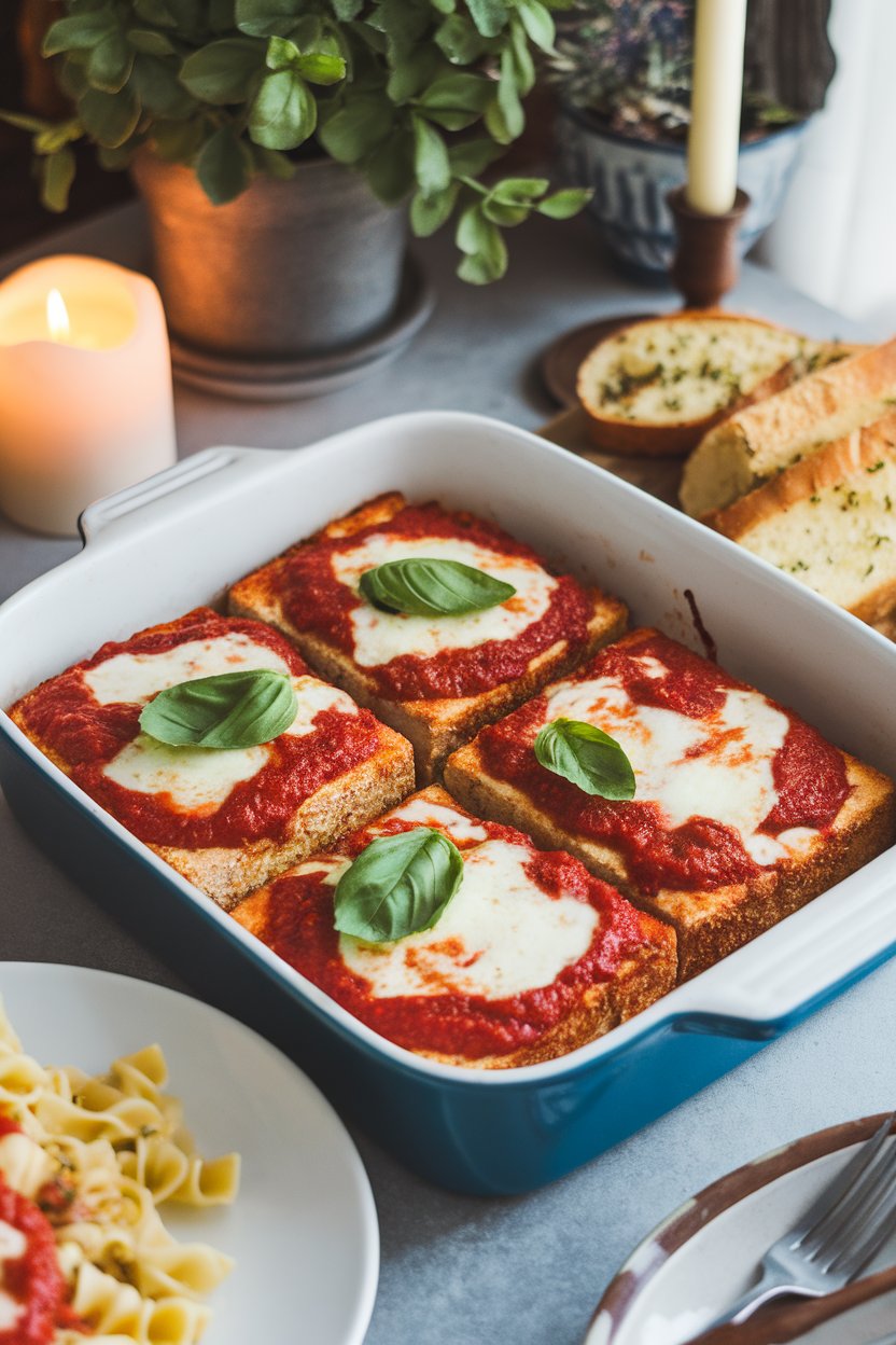 A casserole dish on an indoor dinner table with breaded tofu cutlets topped by marinara and melted mozzarella, basil scattered on top. Photo.