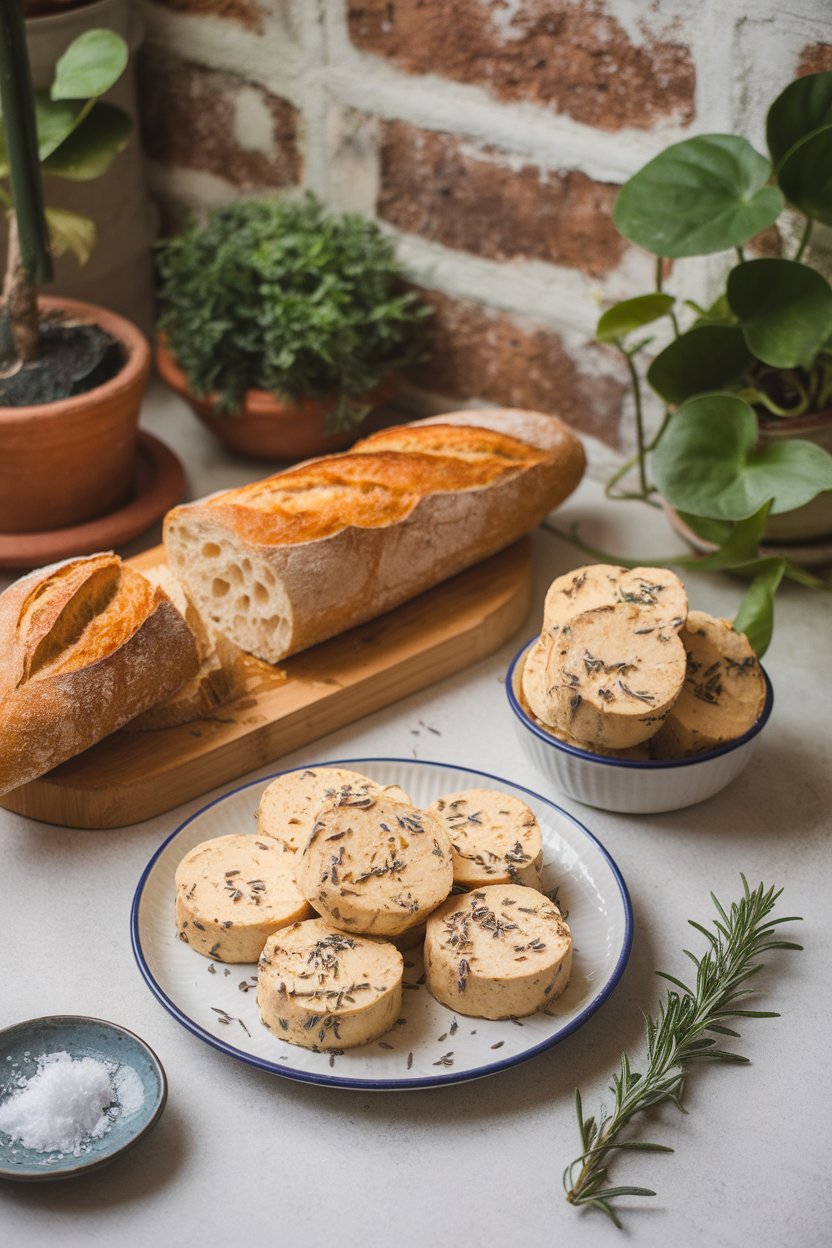 Indoor French country table showing round tofu medallions flecked with lavender and thyme, airy baguette slices nearby. No text or logos; photo.