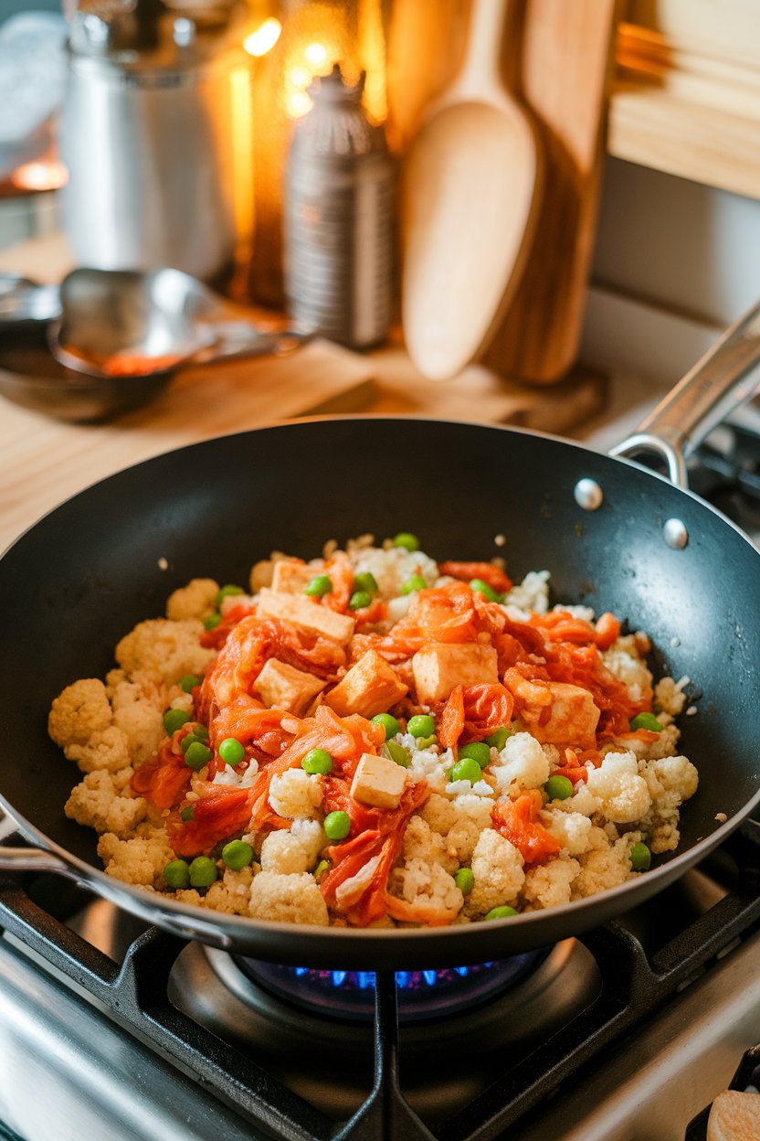 Indoor stove shot of a wok holding cauliflower rice stir-fried with kimchi, tofu bits, and peas. No text or logos. Photo.