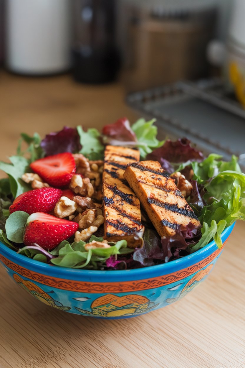 A colorful indoor salad bowl of mixed greens, strawberries, walnuts, and grilled balsamic tofu strips. No branding. Photo.