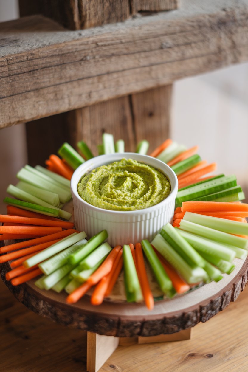 Indoor appetizer board featuring a ramekin of bright green pea-tofu pesto spread, surrounded by raw veggie sticks. No text or logos. Photo.