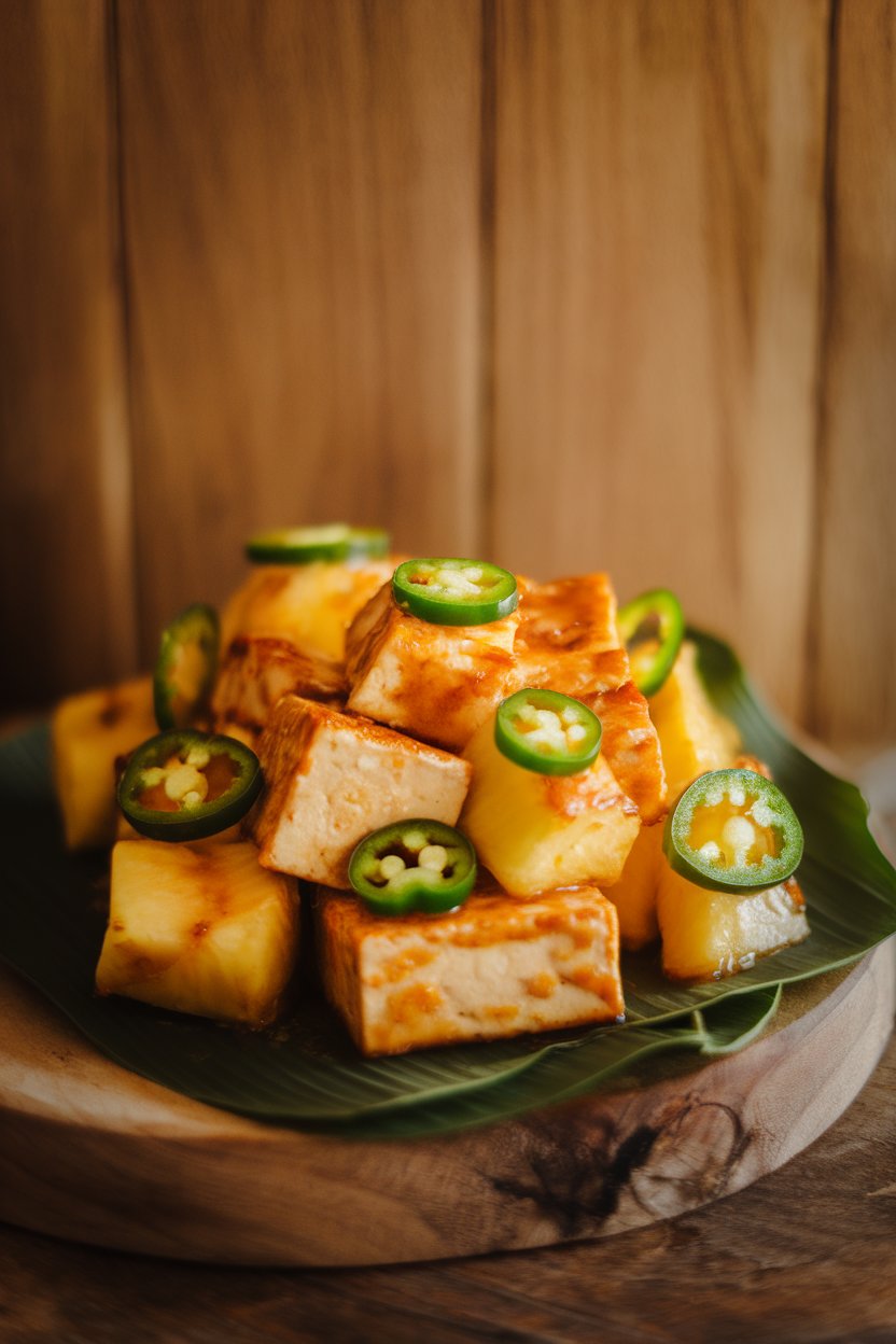 Warm indoor photo of tofu and pineapple chunks studded with jalapeño slices, coated in golden glaze. No logos or text.