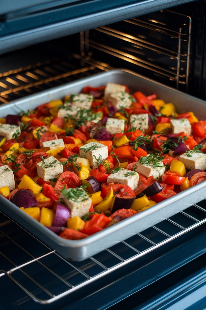Indoor oven rack view of a sheet pan loaded with colorful ratatouille vegetables and tofu cubes, herbs sprinkled on top. Photo.