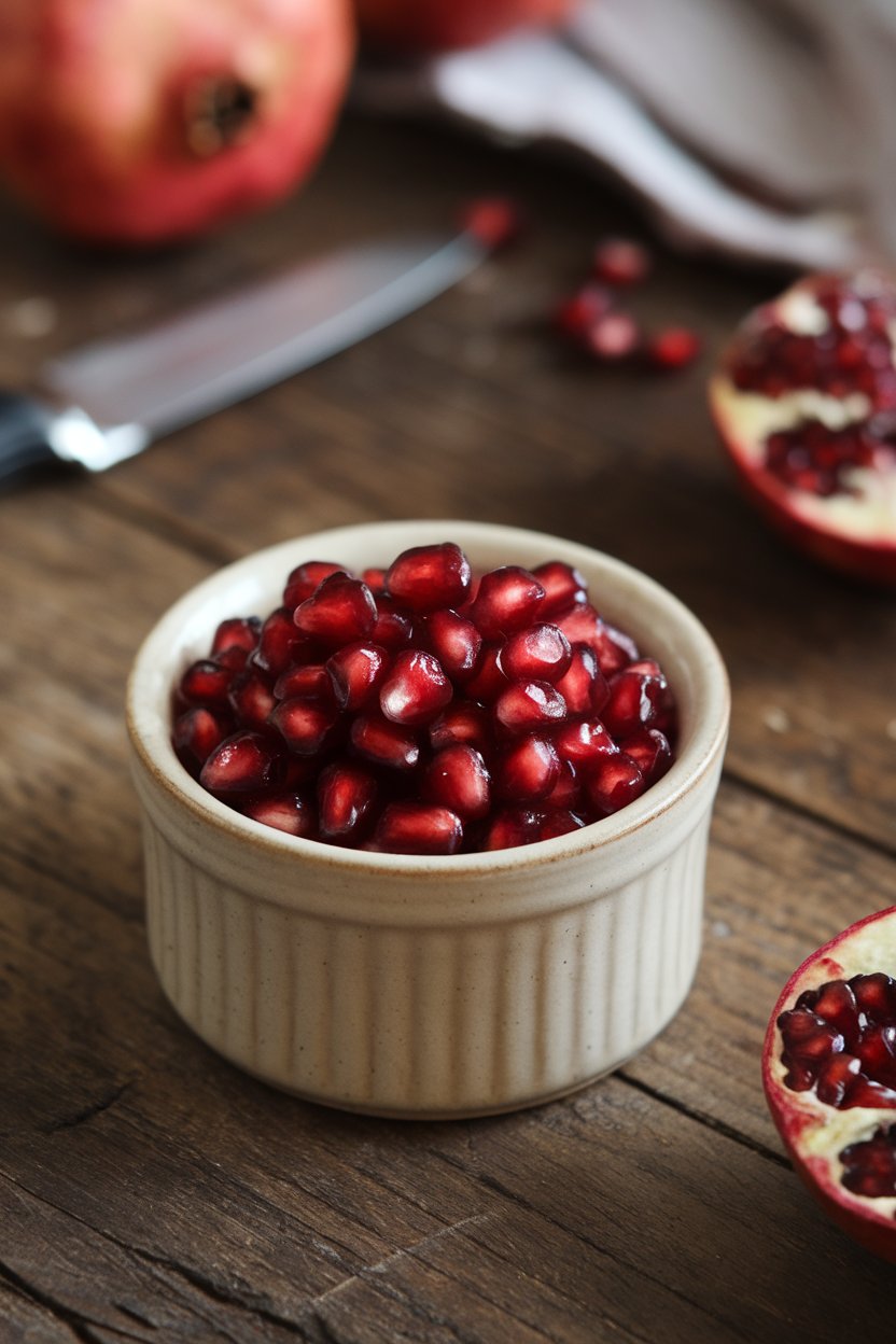 A ceramic ramekin on an indoor table brimming with glistening ruby pomegranate seeds. Photo, not illustration. No text or logos present.