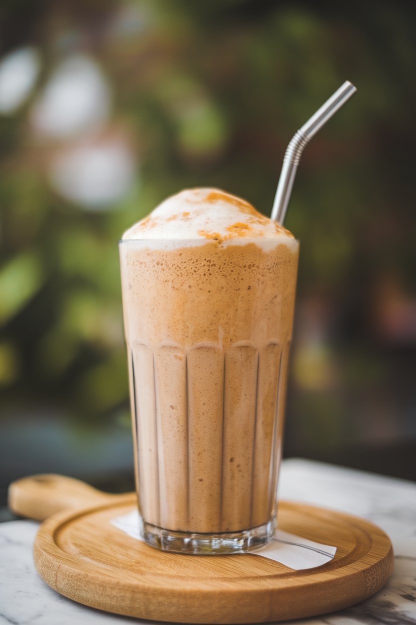 Photo of an indoor tall glass of frothy peanut butter shake with a metal straw. No text or logos. Photo, not illustration.