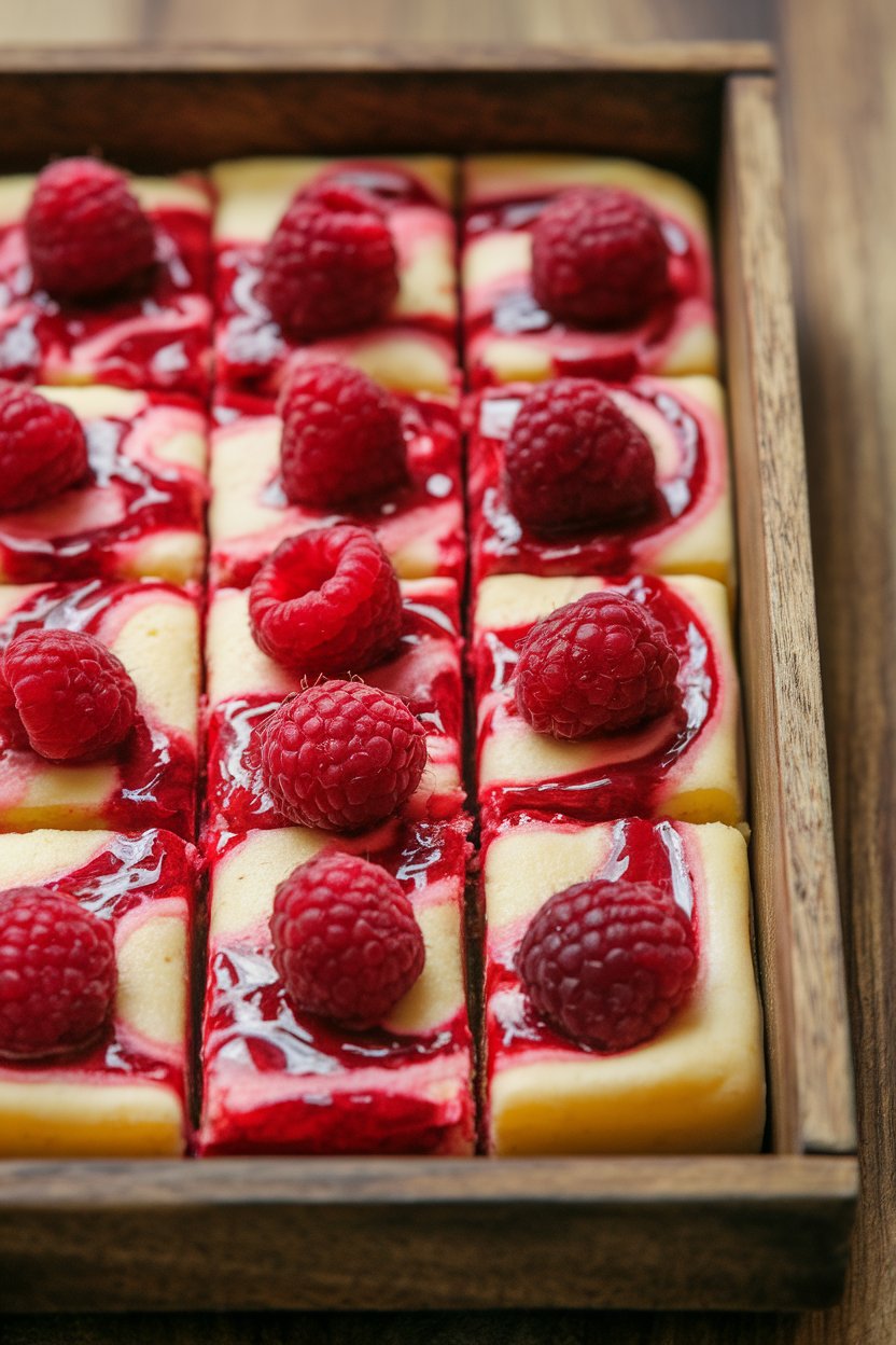 Photo of an indoor tray of cheesecake bars swirled with red raspberry puree. No text or logos. Photo, not illustration.